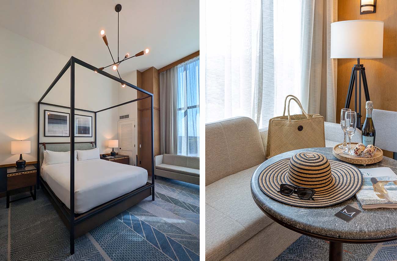 Guest room at Merriweather Lakehouse Hotel in Columbia Maryland with a four poster canopy bed Sputnik chandelier high ceilings and warm summer light through the windows