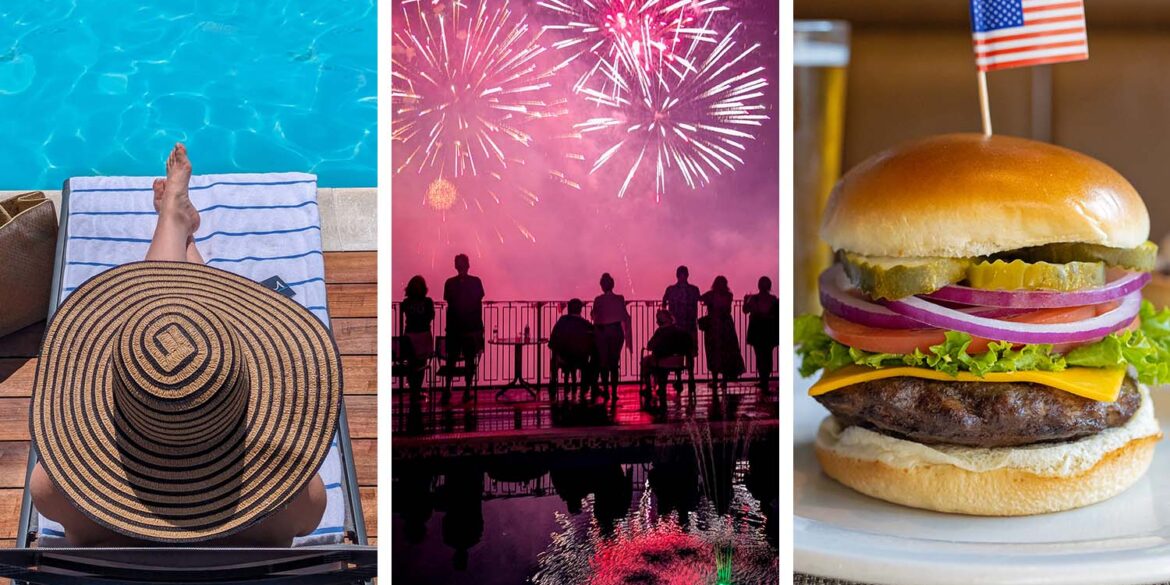 Three-panel collage showing summer at Merriweather Lakehouse Hotel in Columbia Maryland: a guest in a striped straw hat relaxing on a lounge chair at the rooftop pool on the left, July 4th fireworks over Lake Kittamaqundi with guests silhouetted at the pool railing in the center, and a July 4th cheeseburger with an American flag pick from the lāk BBQ buffet on the right.