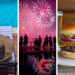 Three-panel collage showing summer at Merriweather Lakehouse Hotel in Columbia Maryland: a guest in a striped straw hat relaxing on a lounge chair at the rooftop pool on the left, July 4th fireworks over Lake Kittamaqundi with guests silhouetted at the pool railing in the center, and a July 4th cheeseburger with an American flag pick from the lāk BBQ buffet on the right.
