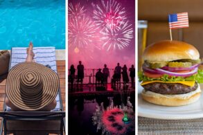 Three-panel collage showing summer at Merriweather Lakehouse Hotel in Columbia Maryland: a guest in a striped straw hat relaxing on a lounge chair at the rooftop pool on the left, July 4th fireworks over Lake Kittamaqundi with guests silhouetted at the pool railing in the center, and a July 4th cheeseburger with an American flag pick from the lāk BBQ buffet on the right.