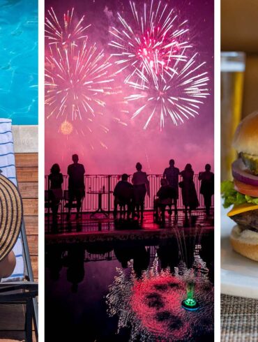Three-panel collage showing summer at Merriweather Lakehouse Hotel in Columbia Maryland: a guest in a striped straw hat relaxing on a lounge chair at the rooftop pool on the left, July 4th fireworks over Lake Kittamaqundi with guests silhouetted at the pool railing in the center, and a July 4th cheeseburger with an American flag pick from the lāk BBQ buffet on the right.