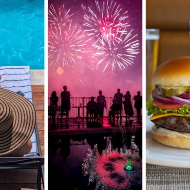 Three-panel collage showing summer at Merriweather Lakehouse Hotel in Columbia Maryland: a guest in a striped straw hat relaxing on a lounge chair at the rooftop pool on the left, July 4th fireworks over Lake Kittamaqundi with guests silhouetted at the pool railing in the center, and a July 4th cheeseburger with an American flag pick from the lāk BBQ buffet on the right.