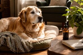 A senior golden retriever with a softly graying muzzle rests comfortably on a plush dog bed in a sunlit living room. Warm afternoon light streams across the hardwood floor, illuminating a woven throw blanket draped over the bed. In the foreground, a small amber glass dropper bottle and a folded notepad sit on a rustic wooden side table, softly blurred by shallow depth of field. A leafy green houseplant and cozy furnishings create a warm, homey atmosphere, conveying comfort, wellness, and gentle care for an aging pet.
