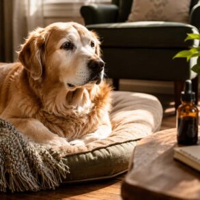 A senior golden retriever with a softly graying muzzle rests comfortably on a plush dog bed in a sunlit living room. Warm afternoon light streams across the hardwood floor, illuminating a woven throw blanket draped over the bed. In the foreground, a small amber glass dropper bottle and a folded notepad sit on a rustic wooden side table, softly blurred by shallow depth of field. A leafy green houseplant and cozy furnishings create a warm, homey atmosphere, conveying comfort, wellness, and gentle care for an aging pet.