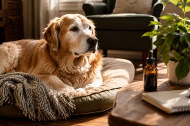 A senior golden retriever with a softly graying muzzle rests comfortably on a plush dog bed in a sunlit living room. Warm afternoon light streams across the hardwood floor, illuminating a woven throw blanket draped over the bed. In the foreground, a small amber glass dropper bottle and a folded notepad sit on a rustic wooden side table, softly blurred by shallow depth of field. A leafy green houseplant and cozy furnishings create a warm, homey atmosphere, conveying comfort, wellness, and gentle care for an aging pet.