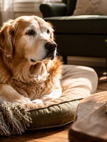 A senior golden retriever with a softly graying muzzle rests comfortably on a plush dog bed in a sunlit living room. Warm afternoon light streams across the hardwood floor, illuminating a woven throw blanket draped over the bed. In the foreground, a small amber glass dropper bottle and a folded notepad sit on a rustic wooden side table, softly blurred by shallow depth of field. A leafy green houseplant and cozy furnishings create a warm, homey atmosphere, conveying comfort, wellness, and gentle care for an aging pet.