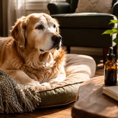 A senior golden retriever with a softly graying muzzle rests comfortably on a plush dog bed in a sunlit living room. Warm afternoon light streams across the hardwood floor, illuminating a woven throw blanket draped over the bed. In the foreground, a small amber glass dropper bottle and a folded notepad sit on a rustic wooden side table, softly blurred by shallow depth of field. A leafy green houseplant and cozy furnishings create a warm, homey atmosphere, conveying comfort, wellness, and gentle care for an aging pet.