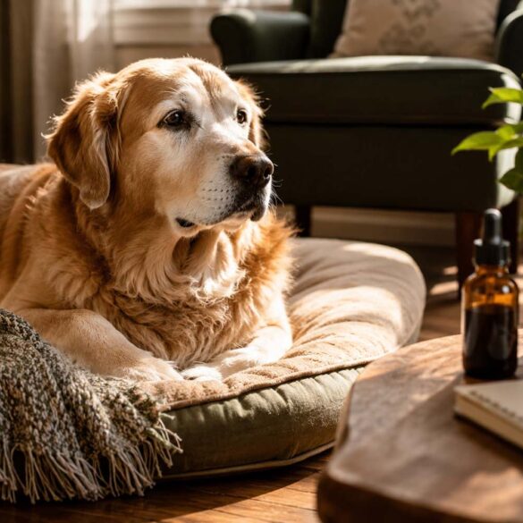 A senior golden retriever with a softly graying muzzle rests comfortably on a plush dog bed in a sunlit living room. Warm afternoon light streams across the hardwood floor, illuminating a woven throw blanket draped over the bed. In the foreground, a small amber glass dropper bottle and a folded notepad sit on a rustic wooden side table, softly blurred by shallow depth of field. A leafy green houseplant and cozy furnishings create a warm, homey atmosphere, conveying comfort, wellness, and gentle care for an aging pet.