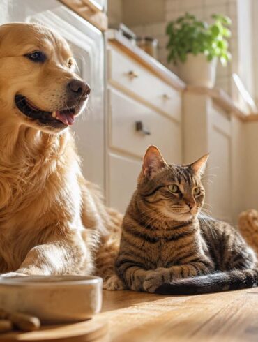 Dog and cat sitting calmly together near natural pet supplements in a sunlit kitchen