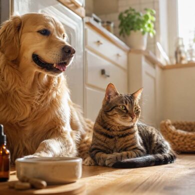 Dog and cat sitting calmly together near natural pet supplements in a sunlit kitchen
