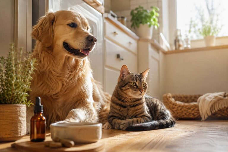 Dog and cat sitting calmly together near natural pet supplements in a sunlit kitchen
