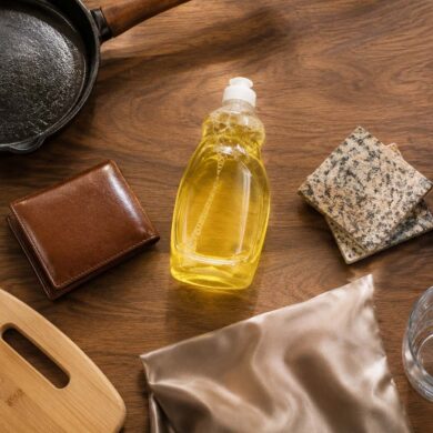 Overhead view of a bottle of dish soap surrounded by a cast iron skillet, leather wallet, granite coasters, wicker basket, wooden cutting board, silk fabric, and glass tumbler on a warm wood countertop.