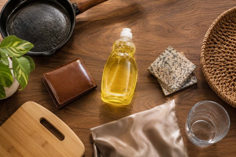 Overhead view of a bottle of dish soap surrounded by a cast iron skillet, leather wallet, granite coasters, wicker basket, wooden cutting board, silk fabric, and glass tumbler on a warm wood countertop.