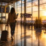 Traveler checking phone while walking through an airport terminal, illustrating staying connected on an international trip