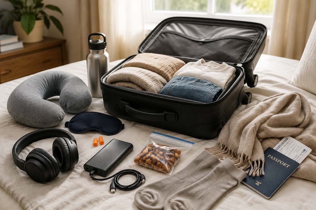 Open carry-on suitcase packed with travel essentials on a bed, including folded clothes, noise-canceling headphones, eye mask, compression socks, portable charger, refillable water bottle, travel pillow, snacks, blanket, and passport in soft natural light.