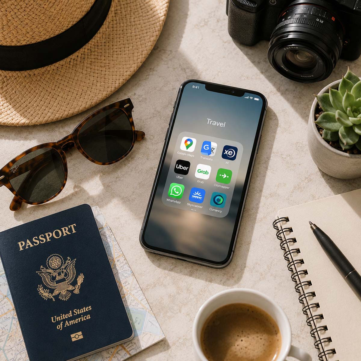Flat lay of international travel essentials on a light stone surface, featuring a smartphone displaying travel apps beside a U.S. passport, sunglasses, a straw hat, camera, notebook, coffee, and a small succulent, arranged in soft natural light.