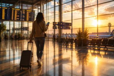 Traveler checking phone while walking through an airport terminal, illustrating staying connected on an international trip