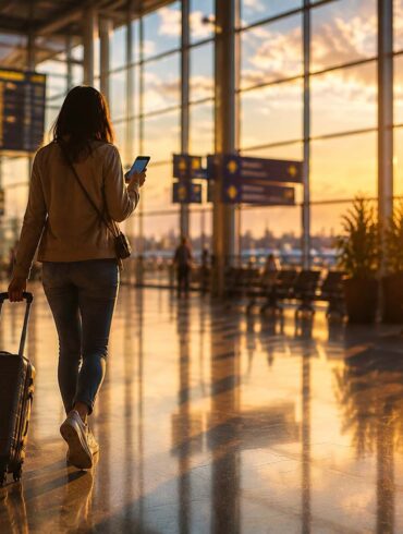 Traveler checking phone while walking through an airport terminal, illustrating staying connected on an international trip