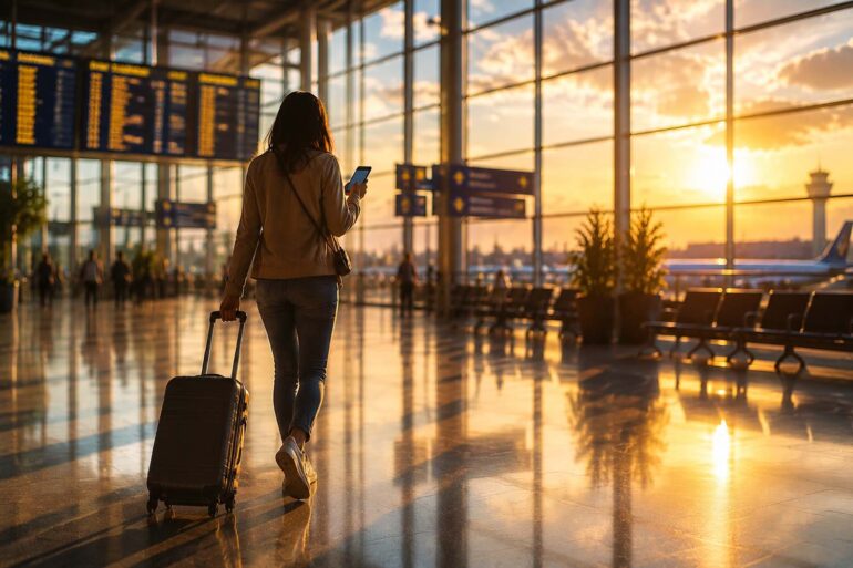 Traveler checking phone while walking through an airport terminal, illustrating staying connected on an international trip