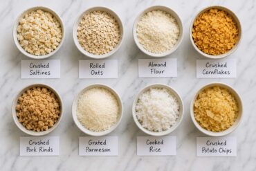 breadcrumb substitutes arranged in small bowls on a white marble surface: crushed saltines, rolled oats, almond flour, crushed cornflakes, crushed pork rinds, grated Parmesan, cooked rice, and crushed potato chips, each labeled with a small card