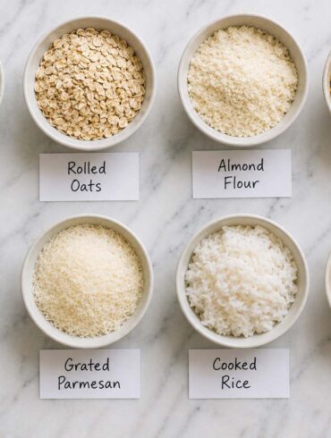 breadcrumb substitutes arranged in small bowls on a white marble surface: crushed saltines, rolled oats, almond flour, crushed cornflakes, crushed pork rinds, grated Parmesan, cooked rice, and crushed potato chips, each labeled with a small card