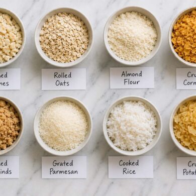 breadcrumb substitutes arranged in small bowls on a white marble surface: crushed saltines, rolled oats, almond flour, crushed cornflakes, crushed pork rinds, grated Parmesan, cooked rice, and crushed potato chips, each labeled with a small card