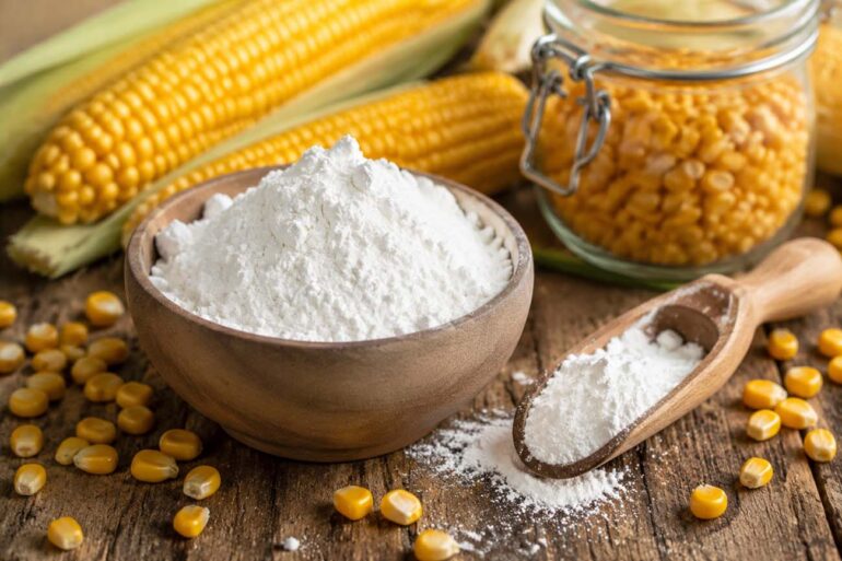 Wooden bowl filled with white cornstarch on a rustic wooden table, surrounded by fresh ears of corn, scattered corn kernels, a wooden scoop with cornstarch, and a glass jar of kernels in the background.
