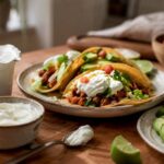 Greek yogurt being used as a sour cream substitute on tacos, with a bowl of yogurt and an empty sour cream container on a kitchen table.
