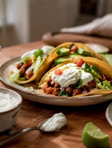 Greek yogurt being used as a sour cream substitute on tacos, with a bowl of yogurt and an empty sour cream container on a kitchen table.