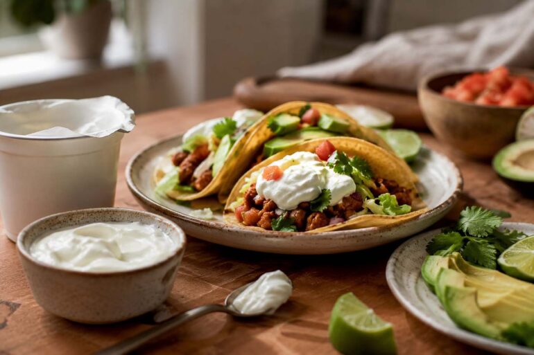 Greek yogurt being used as a sour cream substitute on tacos, with a bowl of yogurt and an empty sour cream container on a kitchen table.