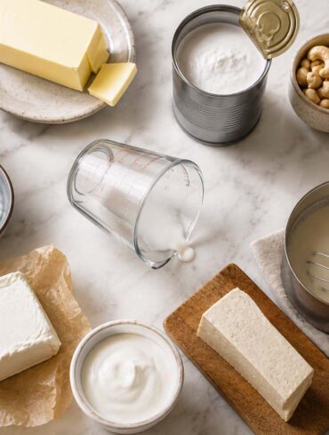a small glass measuring cup tipped on its side, empty, with a single drop of cream visible, suggesting the carton just ran out. Arranged around it in a loose circle: a small jug of whole milk, a stick of butter with one pat sliced off, a can of coconut milk with the lid popped open showing thick white cream, a small bowl of raw cashews next to a blender jar of pale cashew cream, a spoonful of Greek yogurt in a small ceramic bowl, a block of cream cheese on parchment paper, a small tub of sour cream, a wedge of soft tofu on a cutting board, and a small saucepan with a light roux-colored milk and cornstarch mixture
