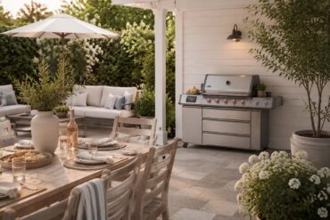 A landscaped backyard patio features a stainless steel gas grill against a white exterior wall, with a dining table set for guests in the foreground and cushioned outdoor seating beneath a large umbrella. Flowering plants, trees, and soft evening sunlight create a warm, inviting atmosphere