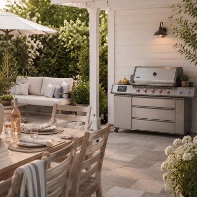 A landscaped backyard patio features a stainless steel gas grill against a white exterior wall, with a dining table set for guests in the foreground and cushioned outdoor seating beneath a large umbrella. Flowering plants, trees, and soft evening sunlight create a warm, inviting atmosphere