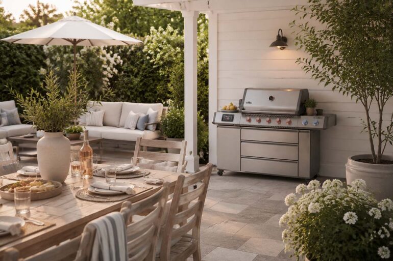 A landscaped backyard patio features a stainless steel gas grill against a white exterior wall, with a dining table set for guests in the foreground and cushioned outdoor seating beneath a large umbrella. Flowering plants, trees, and soft evening sunlight create a warm, inviting atmosphere