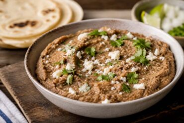 A rustic ceramic bowl filled with creamy refried beans, topped with crumbled white cheese and fresh cilantro, sits on a wooden board beside warm flour tortillas, lime wedges, and diced onion in soft natural light.