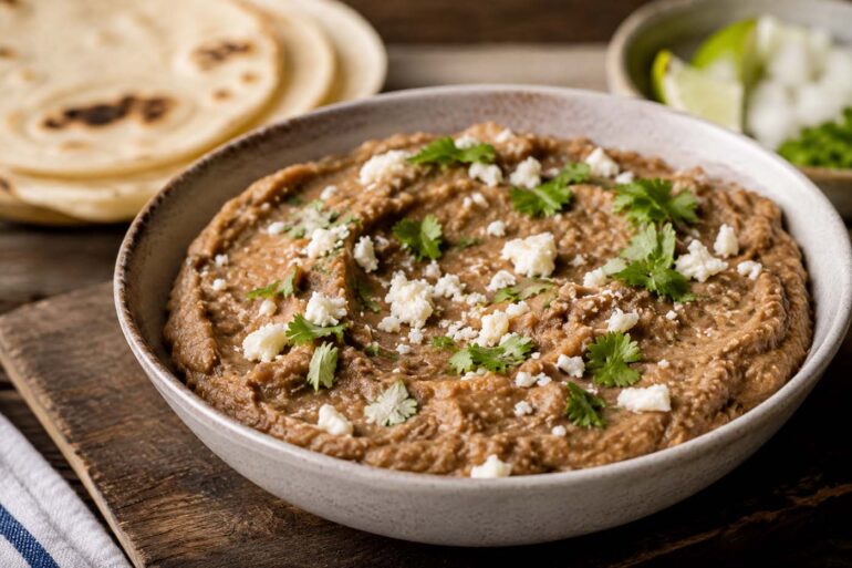 A rustic ceramic bowl filled with creamy refried beans, topped with crumbled white cheese and fresh cilantro, sits on a wooden board beside warm flour tortillas, lime wedges, and diced onion in soft natural light.