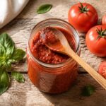 Open glass jar of chunky homemade tomato sauce with a wooden spoon resting inside, surrounded by fresh tomatoes and basil leaves on a rustic wooden countertop in natural light.