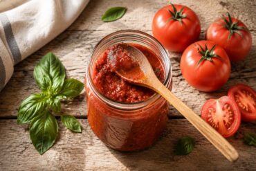 Open glass jar of chunky homemade tomato sauce with a wooden spoon resting inside, surrounded by fresh tomatoes and basil leaves on a rustic wooden countertop in natural light.