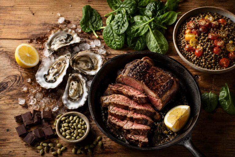 A rustic wooden table scattered with a curated spread of iron-rich foods: a small cast iron skillet with seared lean beef and a lemon wedge, a handful of raw oysters on the half shell with crushed ice, a bowl of cooked lentils topped with fresh cherry tomatoes, a small pile of fresh spinach leaves, a few squares of dark chocolate, a scoop of pumpkin seeds, and a wedge of lemon cut in half