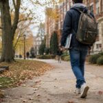 Young college student walking across a tree-lined university campus in autumn, carrying books and a backpack along a leaf-covered pathway with historic brick academic buildings in the background.