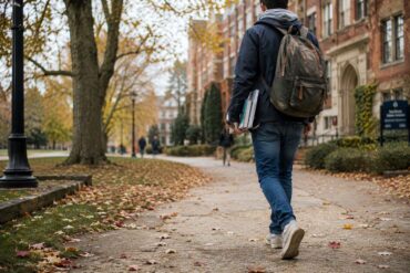 Young college student walking across a tree-lined university campus in autumn, carrying books and a backpack along a leaf-covered pathway with historic brick academic buildings in the background.