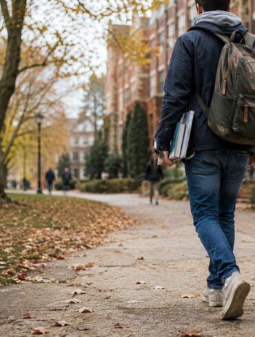 Young college student walking across a tree-lined university campus in autumn, carrying books and a backpack along a leaf-covered pathway with historic brick academic buildings in the background.