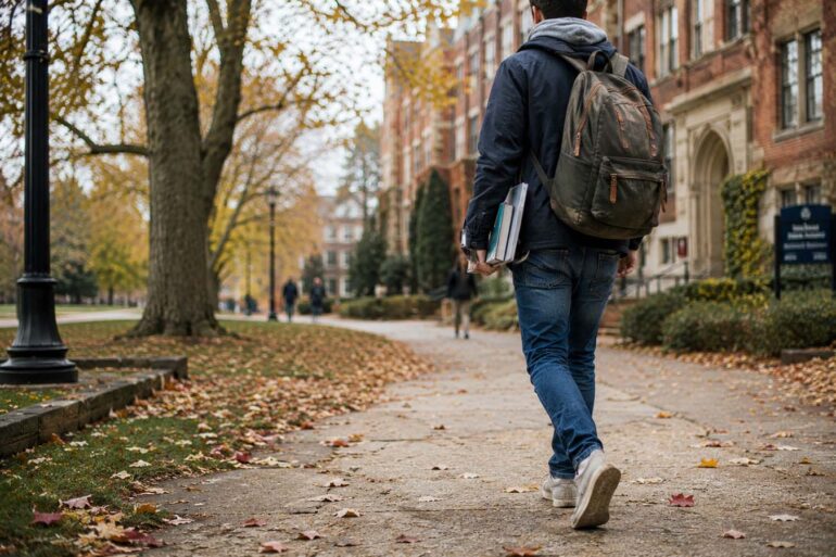 Young college student walking across a tree-lined university campus in autumn, carrying books and a backpack along a leaf-covered pathway with historic brick academic buildings in the background.