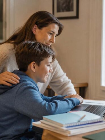 Parent and child looking at a laptop together during a home-based online school session, illustrating mid-year enrollment support