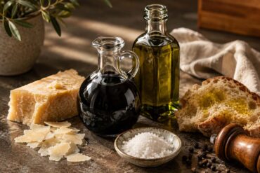 Premium pantry staples including aged balsamic vinegar, extra virgin olive oil, Parmigiano-Reggiano, flaky sea salt, cracked pepper, and artisan bread arranged on a rustic kitchen countertop