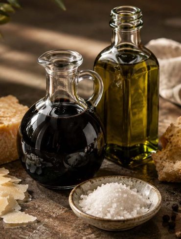 Premium pantry staples including aged balsamic vinegar, extra virgin olive oil, Parmigiano-Reggiano, flaky sea salt, cracked pepper, and artisan bread arranged on a rustic kitchen countertop