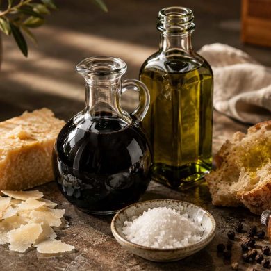 Premium pantry staples including aged balsamic vinegar, extra virgin olive oil, Parmigiano-Reggiano, flaky sea salt, cracked pepper, and artisan bread arranged on a rustic kitchen countertop