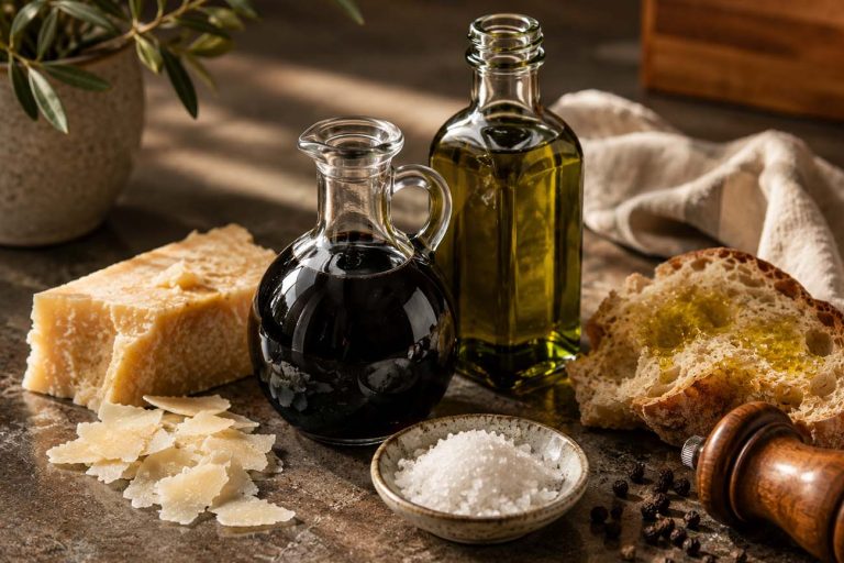 Premium pantry staples including aged balsamic vinegar, extra virgin olive oil, Parmigiano-Reggiano, flaky sea salt, cracked pepper, and artisan bread arranged on a rustic kitchen countertop