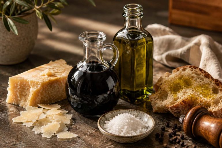Premium pantry staples including aged balsamic vinegar, extra virgin olive oil, Parmigiano-Reggiano, flaky sea salt, cracked pepper, and artisan bread arranged on a rustic kitchen countertop