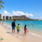 Family-friendly beach in Waikiki, Hawaii, with turquoise ocean, soft sandy shoreline, children building sandcastles, a parent walking with two kids along the water, swimmers in the calm sea, Diamond Head in the background, and high-rise resorts under a bright blue tropical sky.